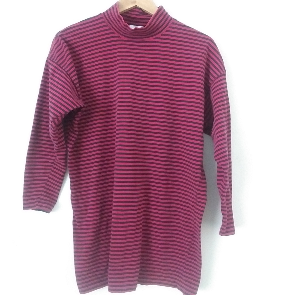 Vintage 80s/90s Mock Neck Long Sleeve Mini Dress, Burgundy and Navy Striped